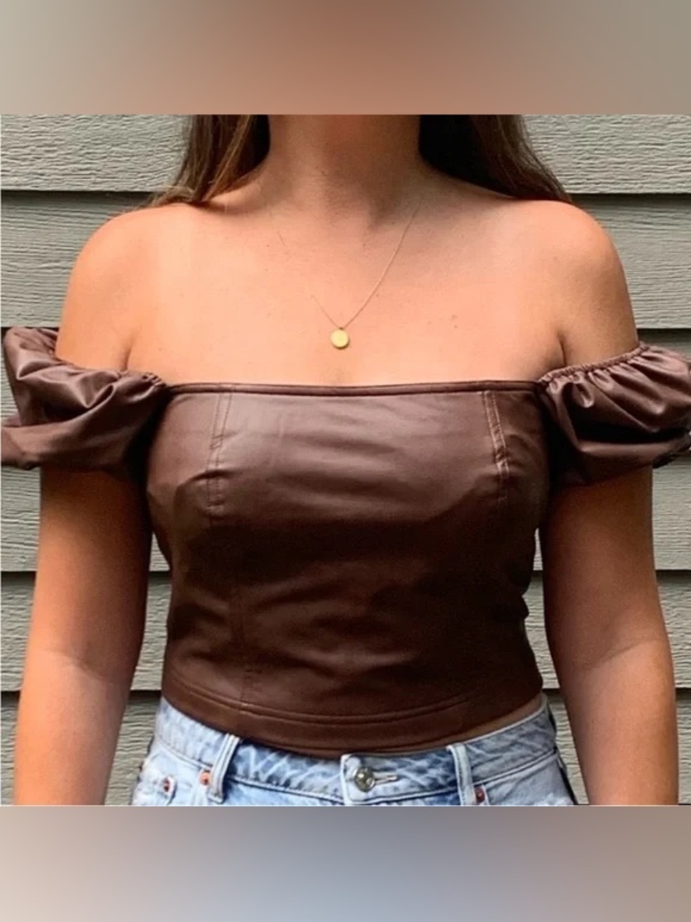 7 For All Mankind Brown Faux Leather Puff Sleeve Crop Top Size M